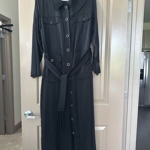 Black Button-Front Long Shirt Dress with Belt